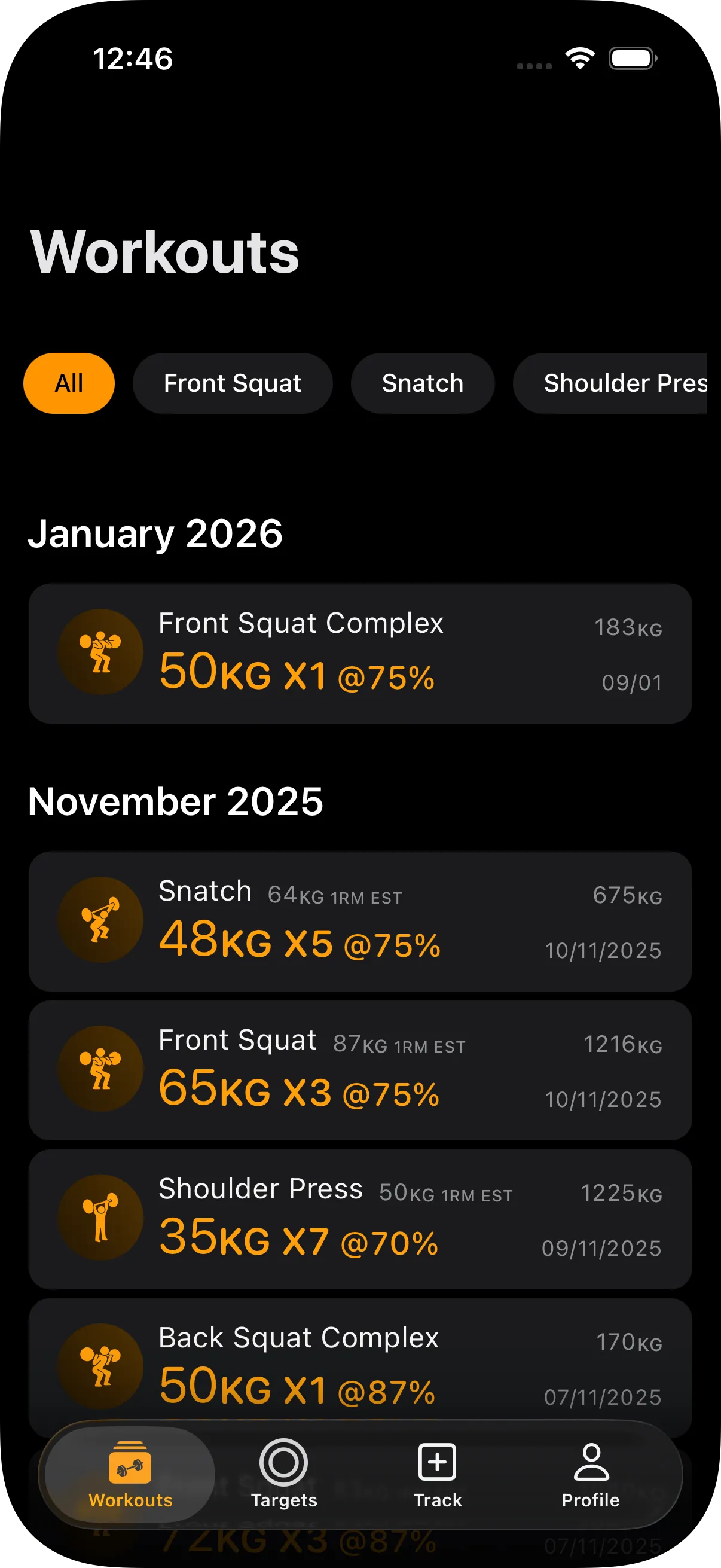Workout list showing saved workouts